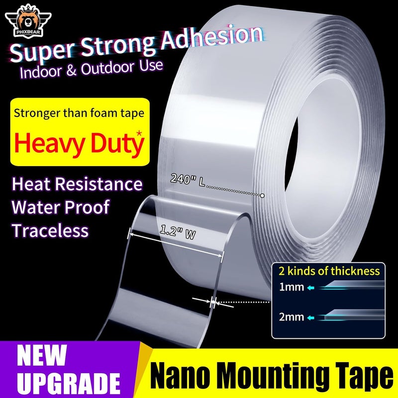 PHIXBEAR Extra Large 1.2" x 240" Super Heavy Duty Double Sided Mounting Tape, Clear & Tough Nano Strong Adhesive Tape - Image 2